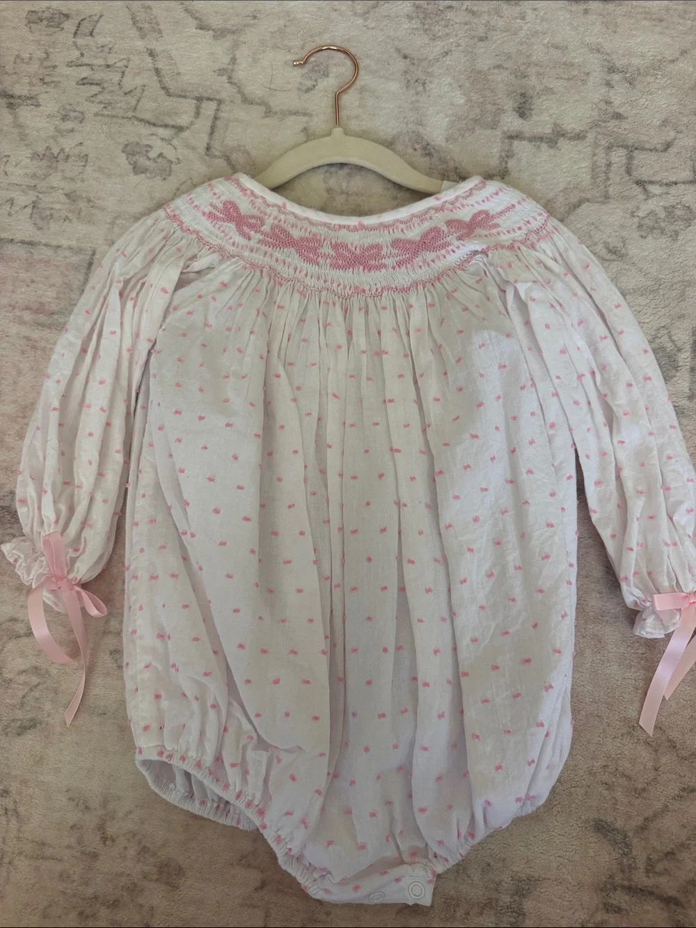 Baby Girls White and Pink Smocked One-Piece Romper